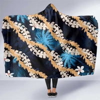 Puakenikeni Maile Lei Hooded Blanket Frangipani Blue Tropical Leaves