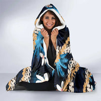 Puakenikeni Maile Lei Hooded Blanket Frangipani Blue Tropical Leaves