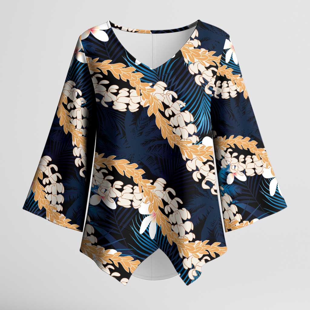 Puakenikeni Maile Lei Kimono Sleeve Blouse Frangipani Blue Tropical Leaves LT01 Female Blue - Polynesian Pride