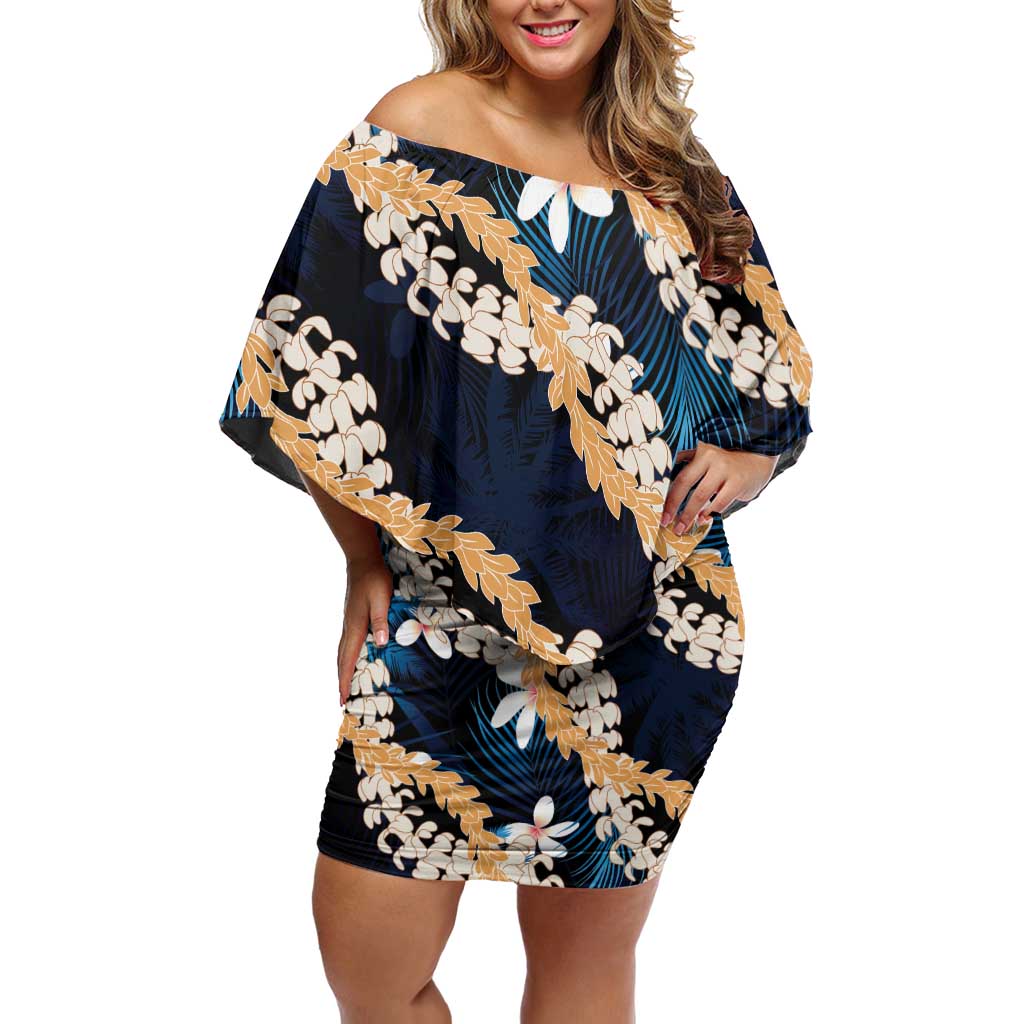 Puakenikeni Maile Lei Off Shoulder Short Dress Frangipani Blue Tropical Leaves