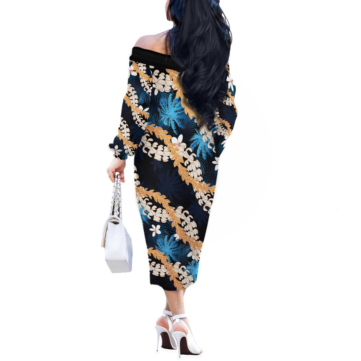 Puakenikeni Maile Lei Off The Shoulder Long Sleeve Dress Frangipani Blue Tropical Leaves