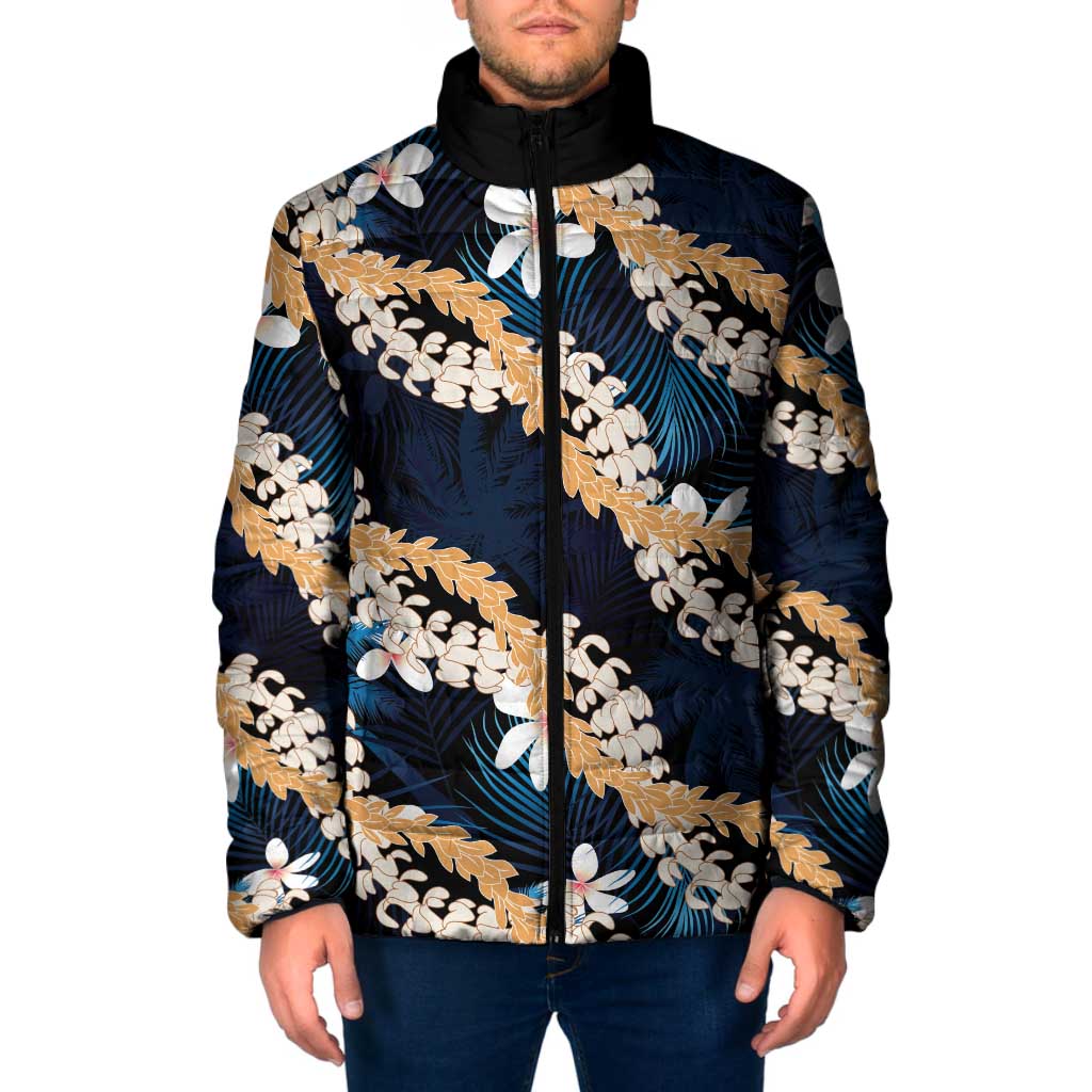 Puakenikeni Maile Lei Padded Jacket Frangipani Blue Tropical Leaves