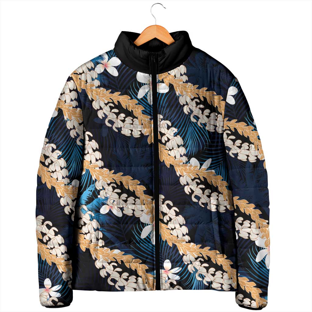 Puakenikeni Maile Lei Padded Jacket Frangipani Blue Tropical Leaves