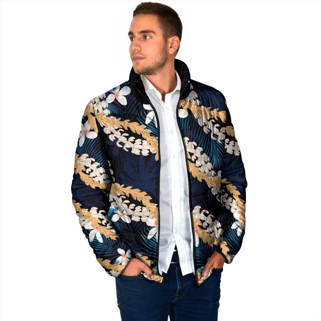 Puakenikeni Maile Lei Padded Jacket Frangipani Blue Tropical Leaves