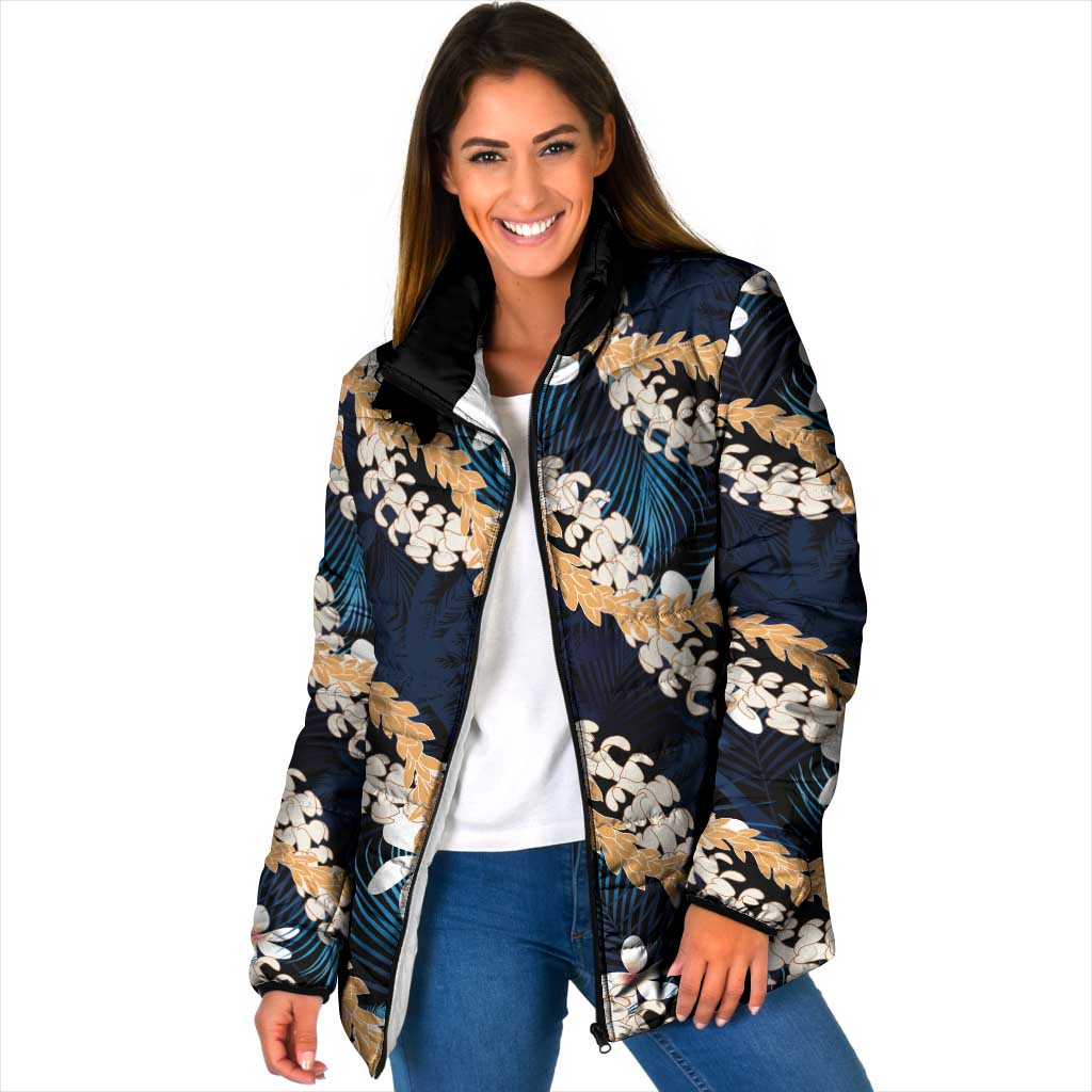 Puakenikeni Maile Lei Padded Jacket Frangipani Blue Tropical Leaves
