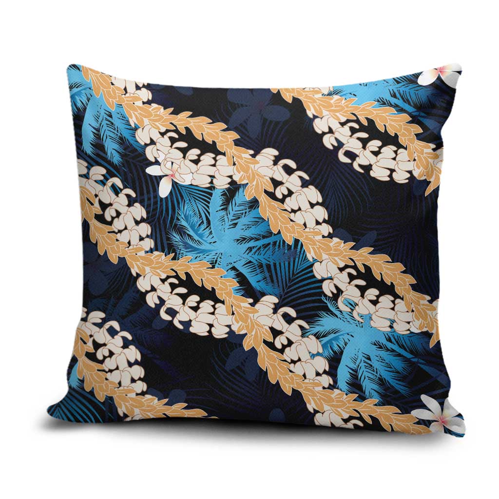 Puakenikeni Maile Lei Pillow Cover Frangipani Blue Tropical Leaves