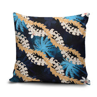 Puakenikeni Maile Lei Pillow Cover Frangipani Blue Tropical Leaves