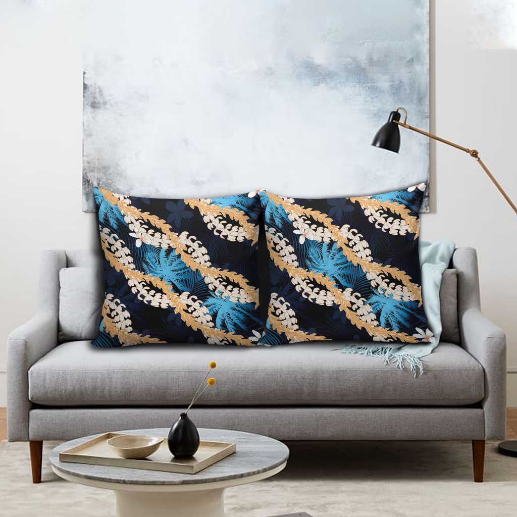 Puakenikeni Maile Lei Pillow Cover Frangipani Blue Tropical Leaves