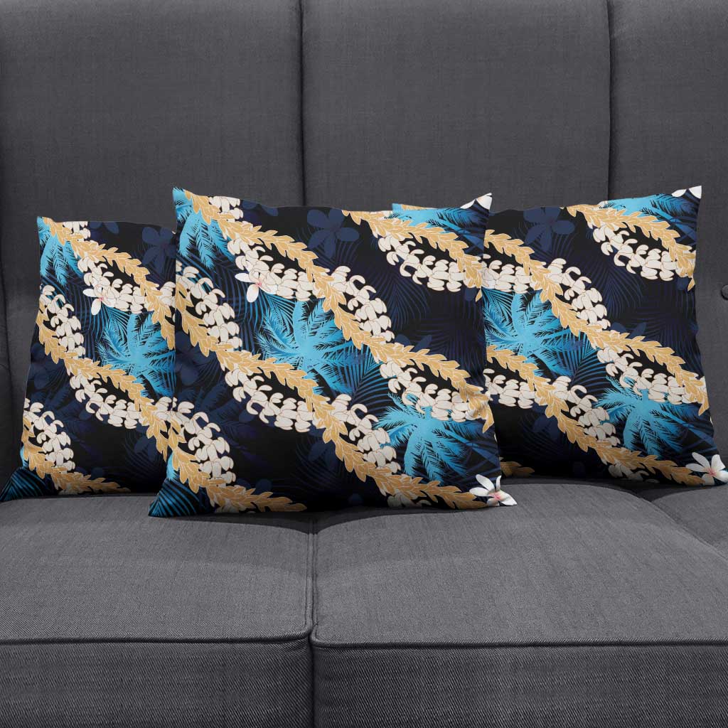 Puakenikeni Maile Lei Pillow Cover Frangipani Blue Tropical Leaves