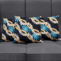 Puakenikeni Maile Lei Pillow Cover Frangipani Blue Tropical Leaves