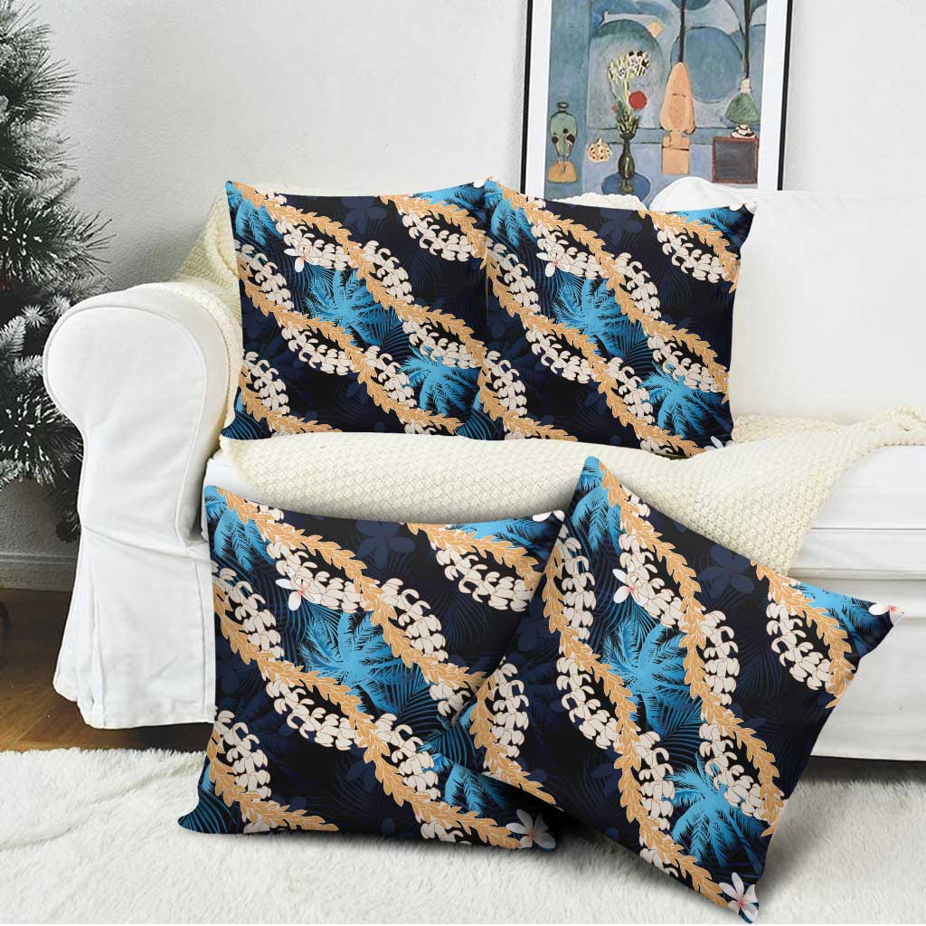 Puakenikeni Maile Lei Pillow Cover Frangipani Blue Tropical Leaves