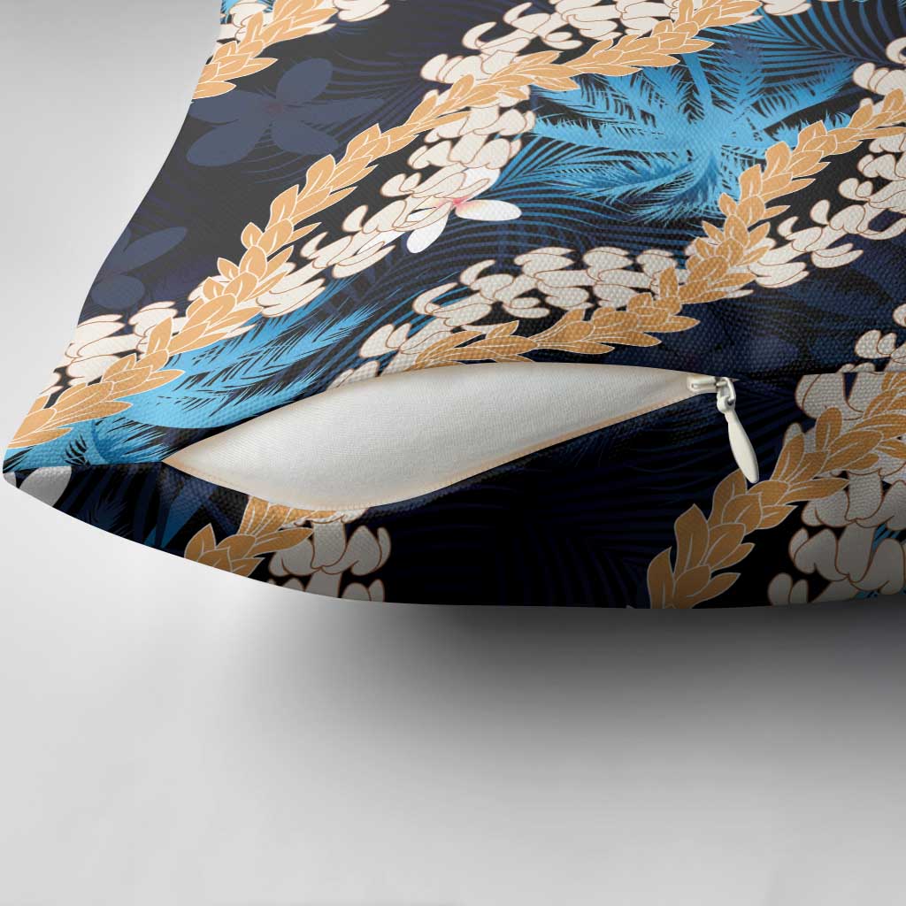 Puakenikeni Maile Lei Pillow Cover Frangipani Blue Tropical Leaves