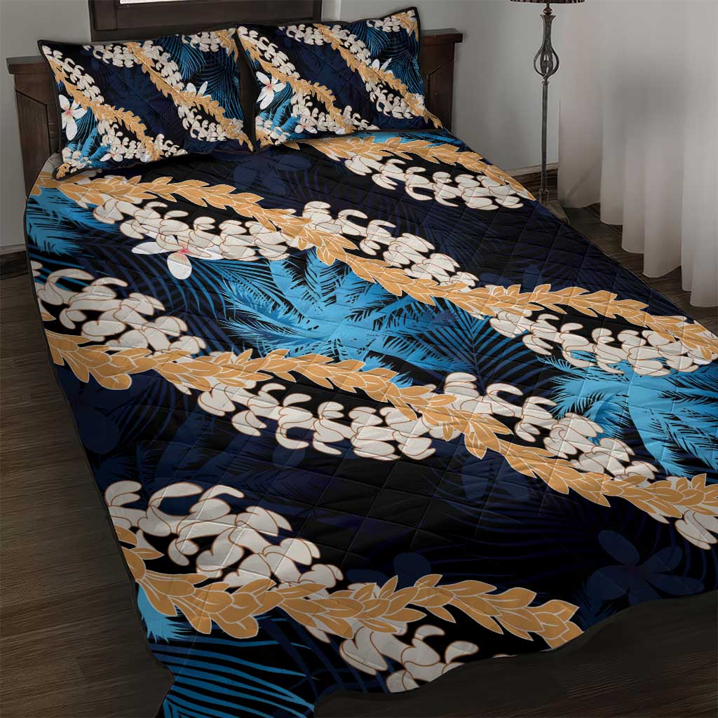 Puakenikeni Maile Lei Quilt Bed Set Frangipani Blue Tropical Leaves LT01 Blue - Polynesian Pride