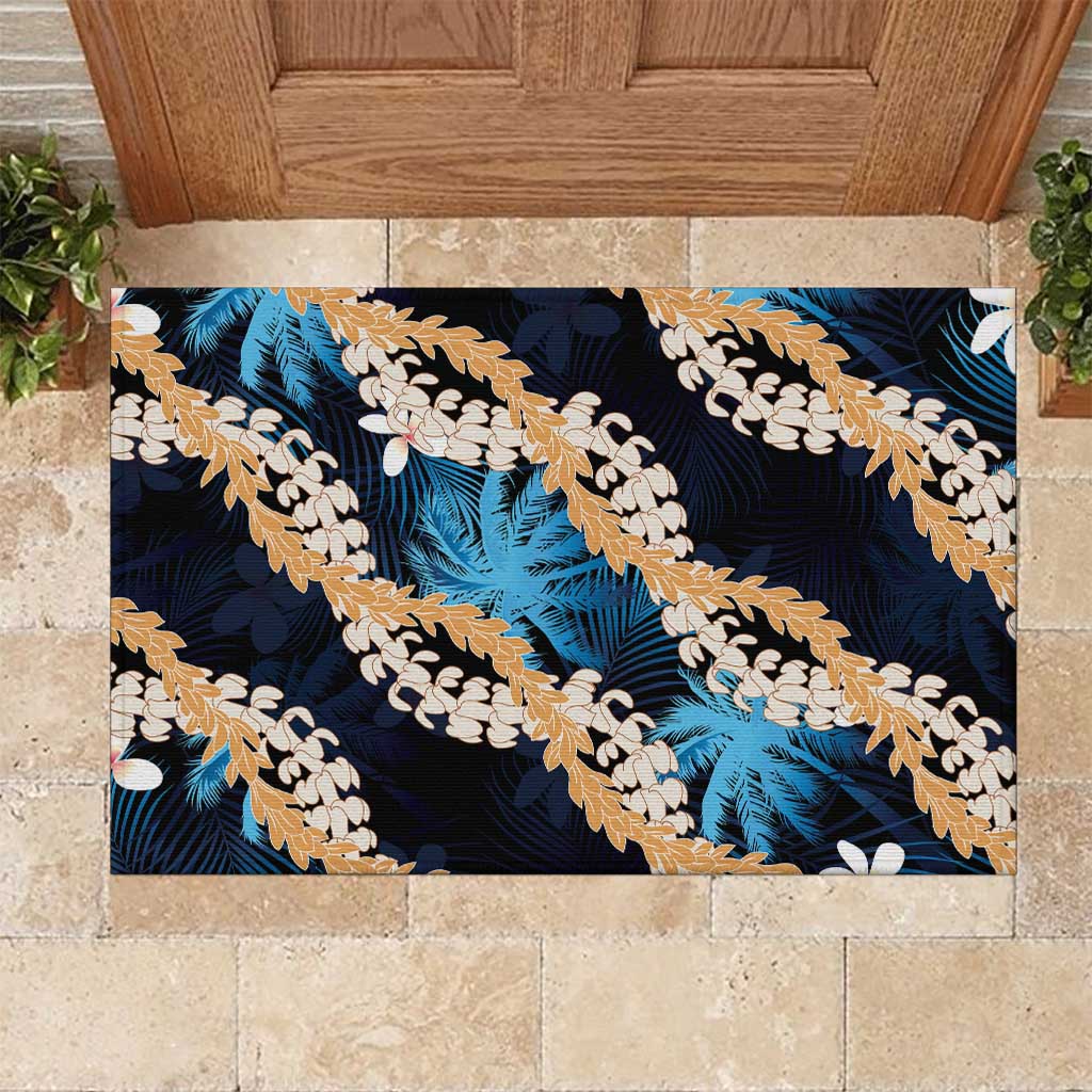 Puakenikeni Maile Lei Rubber Doormat Frangipani Blue Tropical Leaves