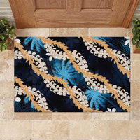 Puakenikeni Maile Lei Rubber Doormat Frangipani Blue Tropical Leaves