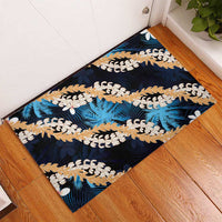 Puakenikeni Maile Lei Rubber Doormat Frangipani Blue Tropical Leaves