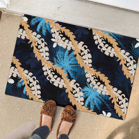 Puakenikeni Maile Lei Rubber Doormat Frangipani Blue Tropical Leaves