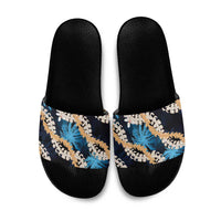 Puakenikeni Maile Lei Slide Sandals Frangipani Blue Tropical Leaves LT01 Blue - Polynesian Pride