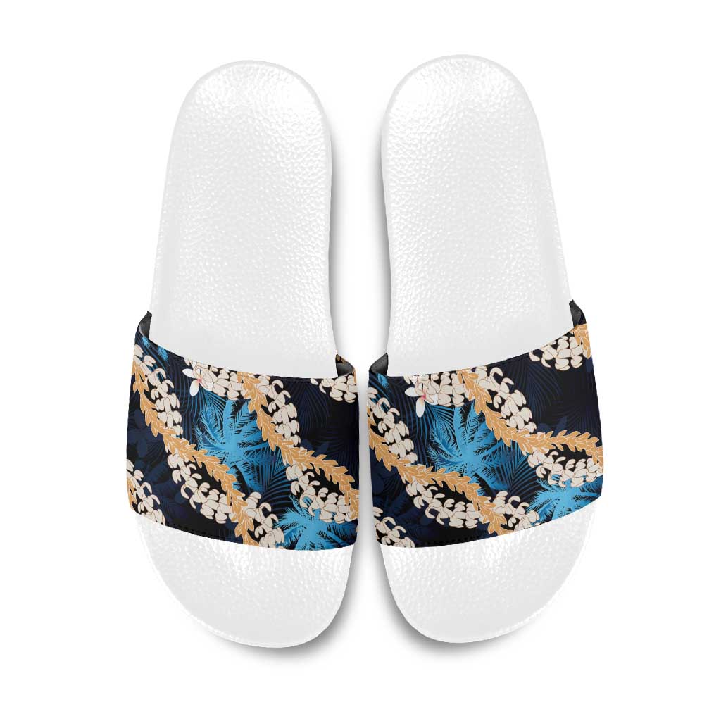 Puakenikeni Maile Lei Slide Sandals Frangipani Blue Tropical Leaves LT01 Blue - Polynesian Pride