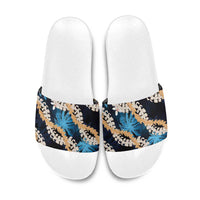 Puakenikeni Maile Lei Slide Sandals Frangipani Blue Tropical Leaves LT01 Blue - Polynesian Pride