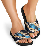 Puakenikeni Maile Lei Slide Sandals Frangipani Blue Tropical Leaves LT01 - Polynesian Pride