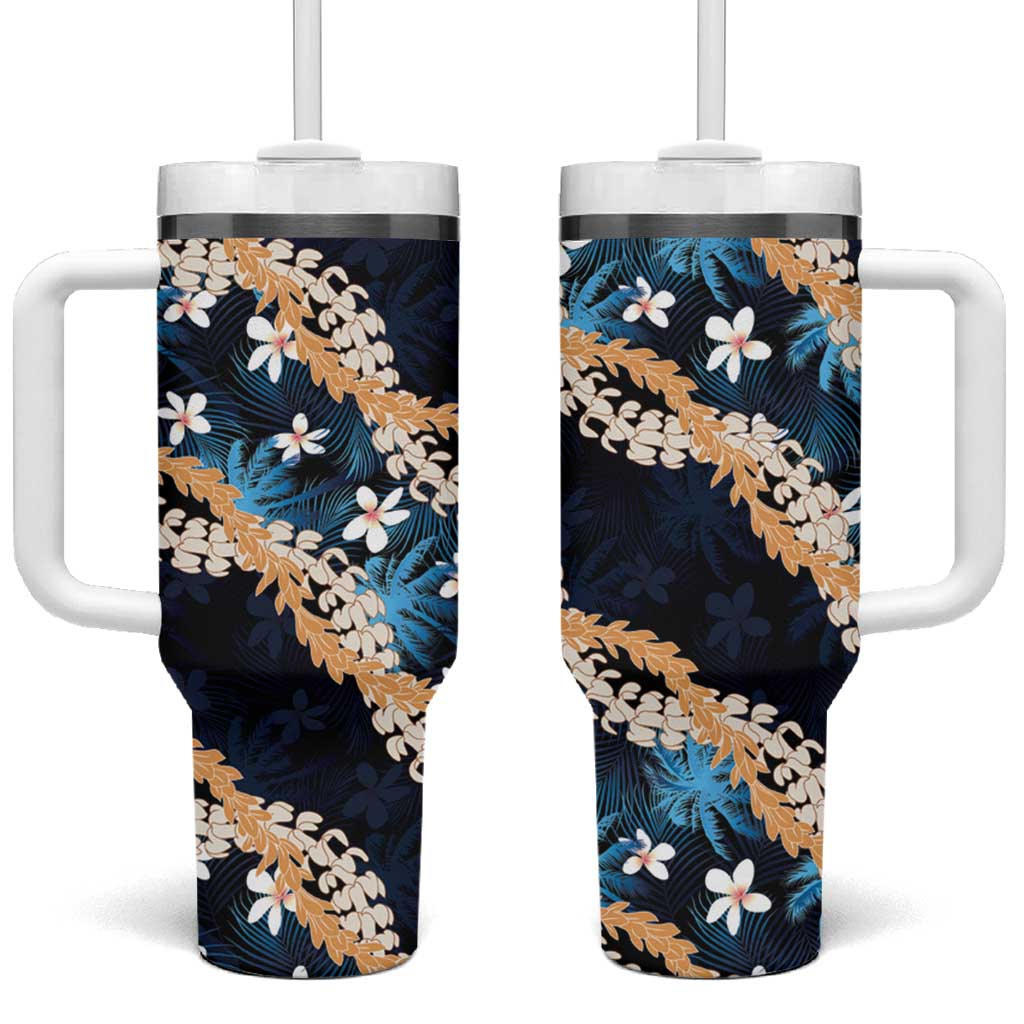 Puakenikeni Maile Lei Tumbler With Handle Frangipani Blue Tropical Leaves LT01 One Size: 40 oz Blue - Polynesian Pride