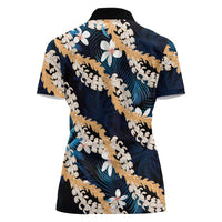 Puakenikeni Maile Lei Women Polo Shirt Frangipani Blue Tropical Leaves