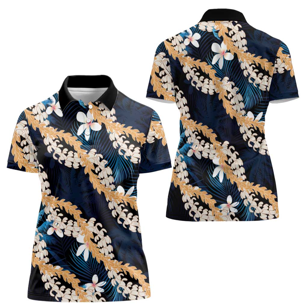 Puakenikeni Maile Lei Women Polo Shirt Frangipani Blue Tropical Leaves