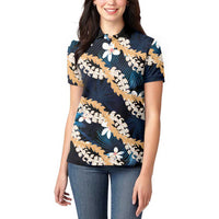 Puakenikeni Maile Lei Women Polo Shirt Frangipani Blue Tropical Leaves