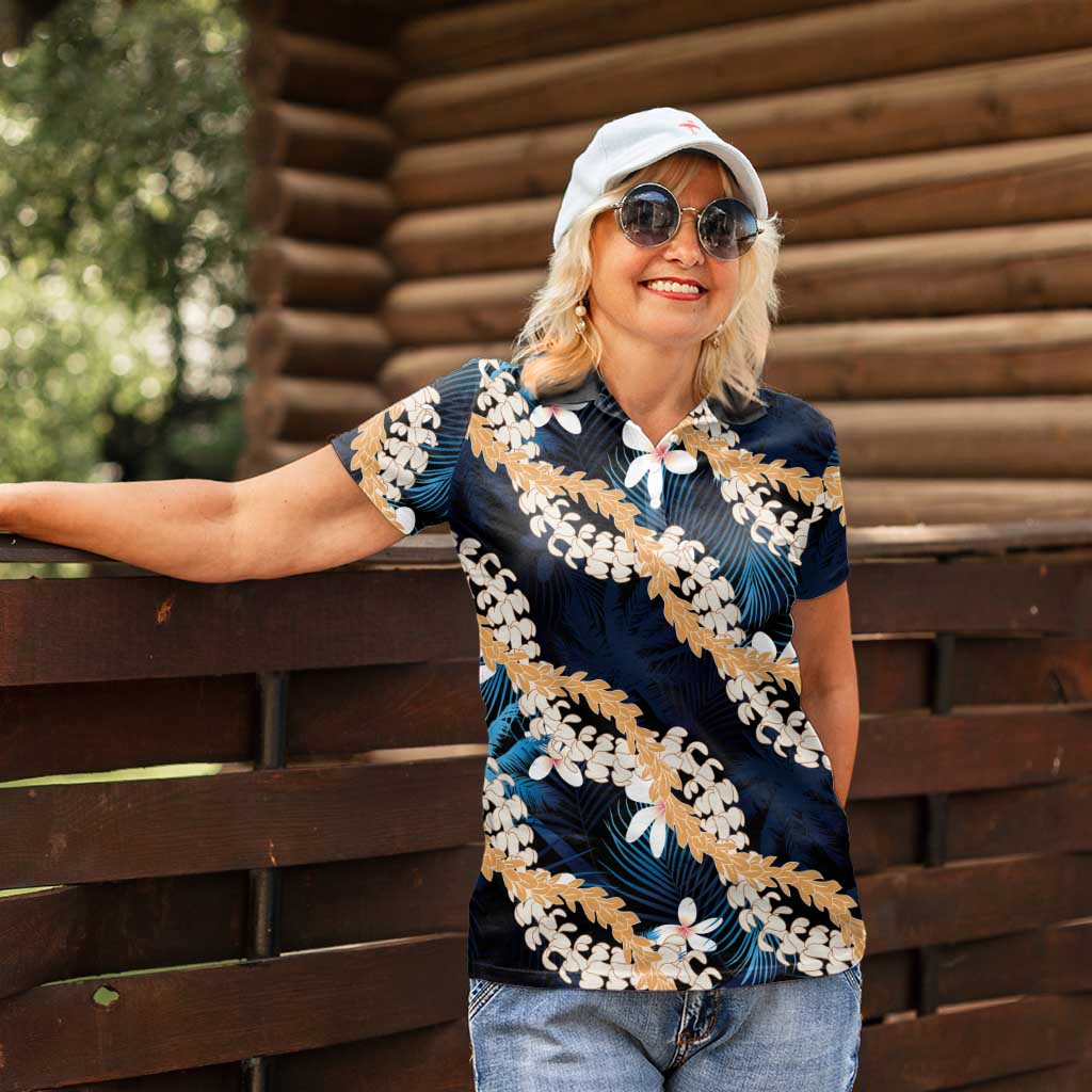 Puakenikeni Maile Lei Women Polo Shirt Frangipani Blue Tropical Leaves