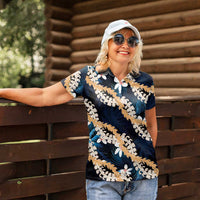 Puakenikeni Maile Lei Women Polo Shirt Frangipani Blue Tropical Leaves