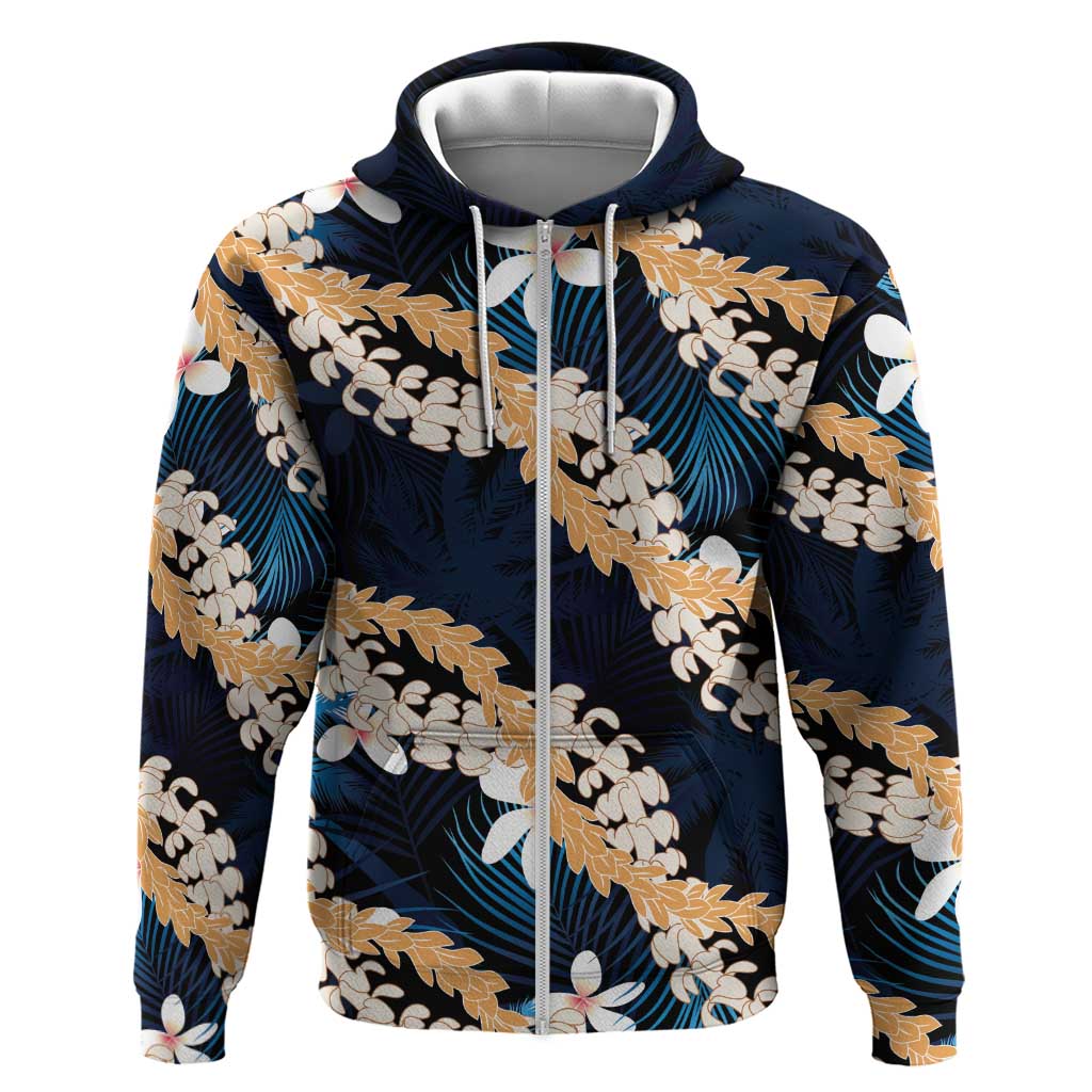 Puakenikeni Maile Lei Zip Hoodie Frangipani Blue Tropical Leaves