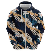 Puakenikeni Maile Lei Zip Hoodie Frangipani Blue Tropical Leaves