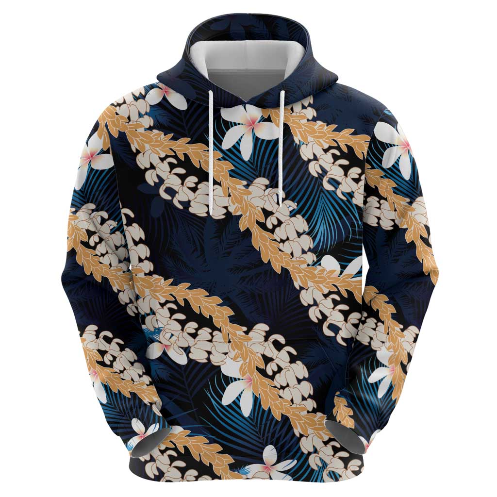 Puakenikeni Maile Lei Zip Hoodie Frangipani Blue Tropical Leaves