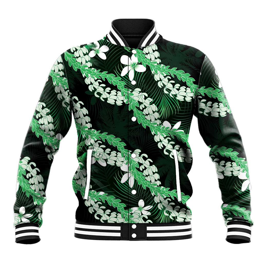 Puakenikeni Maile Lei Baseball Jacket Frangipani Green Tropical Leaves