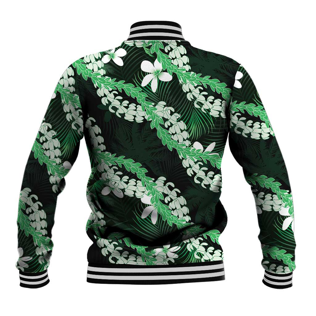 Puakenikeni Maile Lei Baseball Jacket Frangipani Green Tropical Leaves