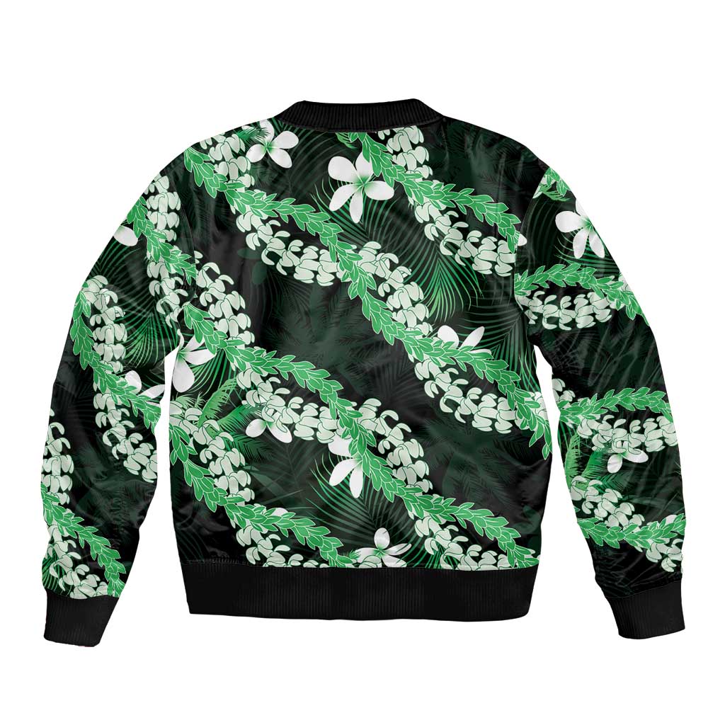 Puakenikeni Maile Lei Bomber Jacket Frangipani Green Tropical Leaves