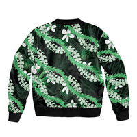 Puakenikeni Maile Lei Bomber Jacket Frangipani Green Tropical Leaves