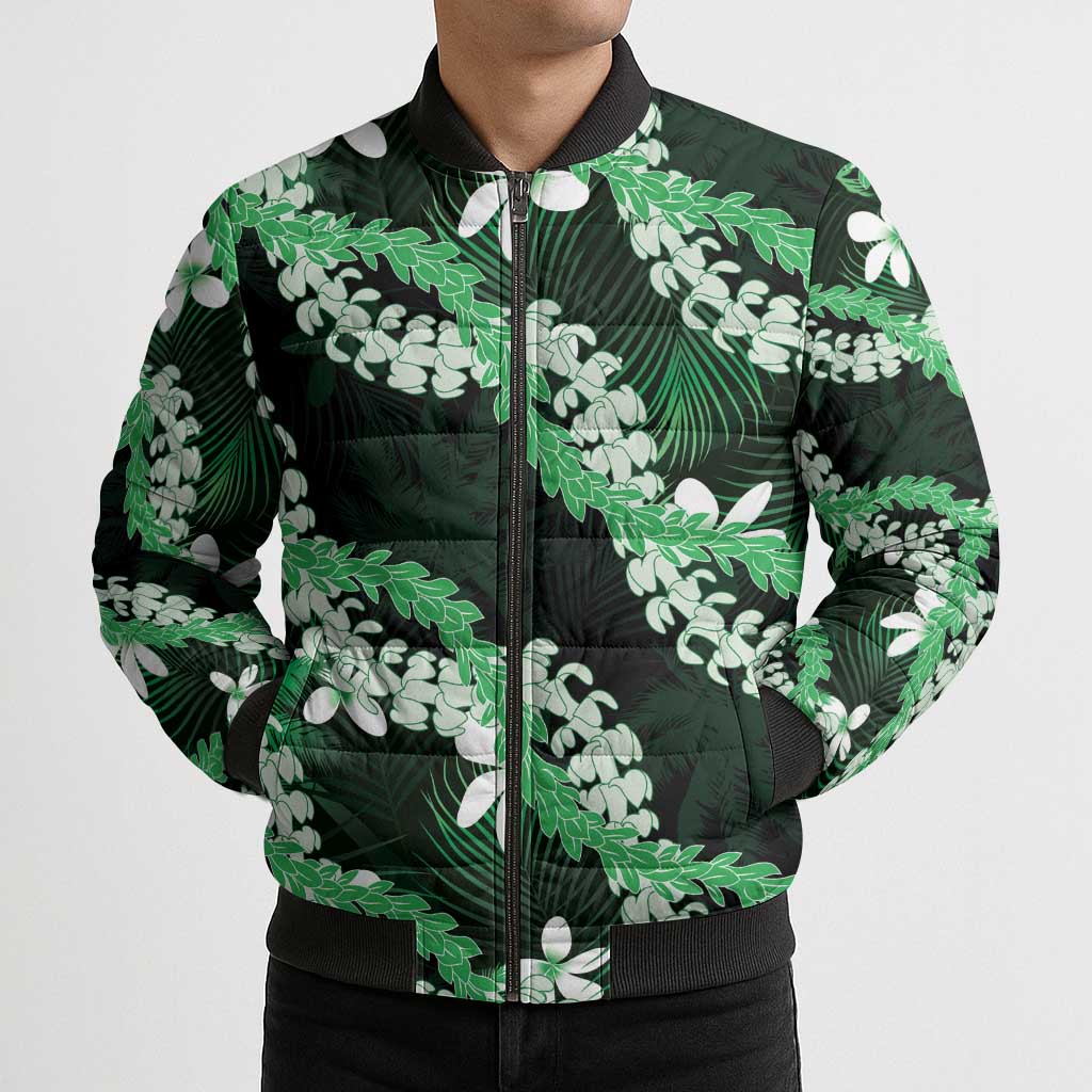 Puakenikeni Maile Lei Bomber Puffer Jacket Frangipani Green Tropical Leaves LT01 - Polynesian Pride