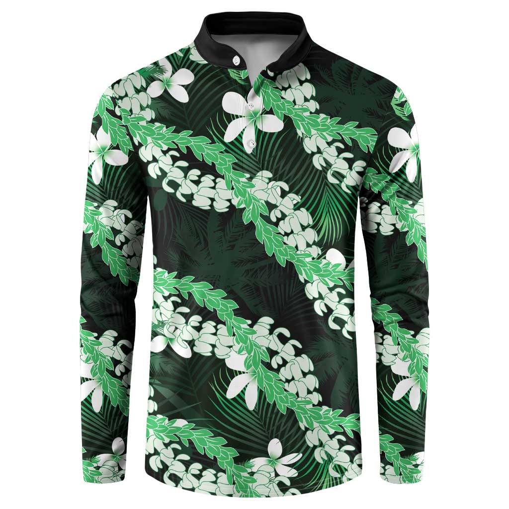 Puakenikeni Maile Lei Button Sweatshirt Frangipani Green Tropical Leaves