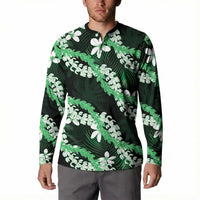 Puakenikeni Maile Lei Button Sweatshirt Frangipani Green Tropical Leaves