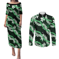 Puakenikeni Maile Lei Couples Matching Puletasi and Long Sleeve Button Shirt Frangipani Green Tropical Leaves