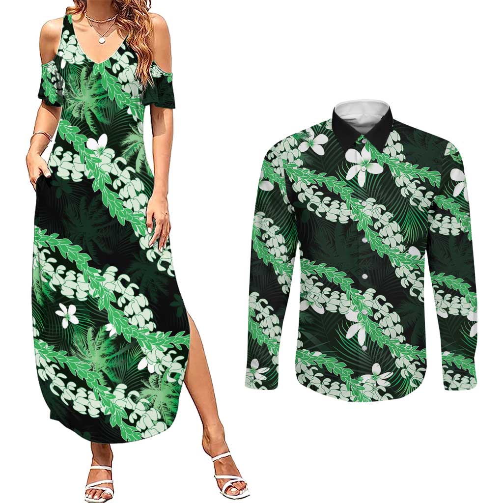 Puakenikeni Maile Lei Couples Matching Summer Maxi Dress and Long Sleeve Button Shirt Frangipani Green Tropical Leaves