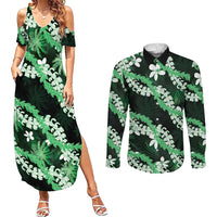 Puakenikeni Maile Lei Couples Matching Summer Maxi Dress and Long Sleeve Button Shirt Frangipani Green Tropical Leaves
