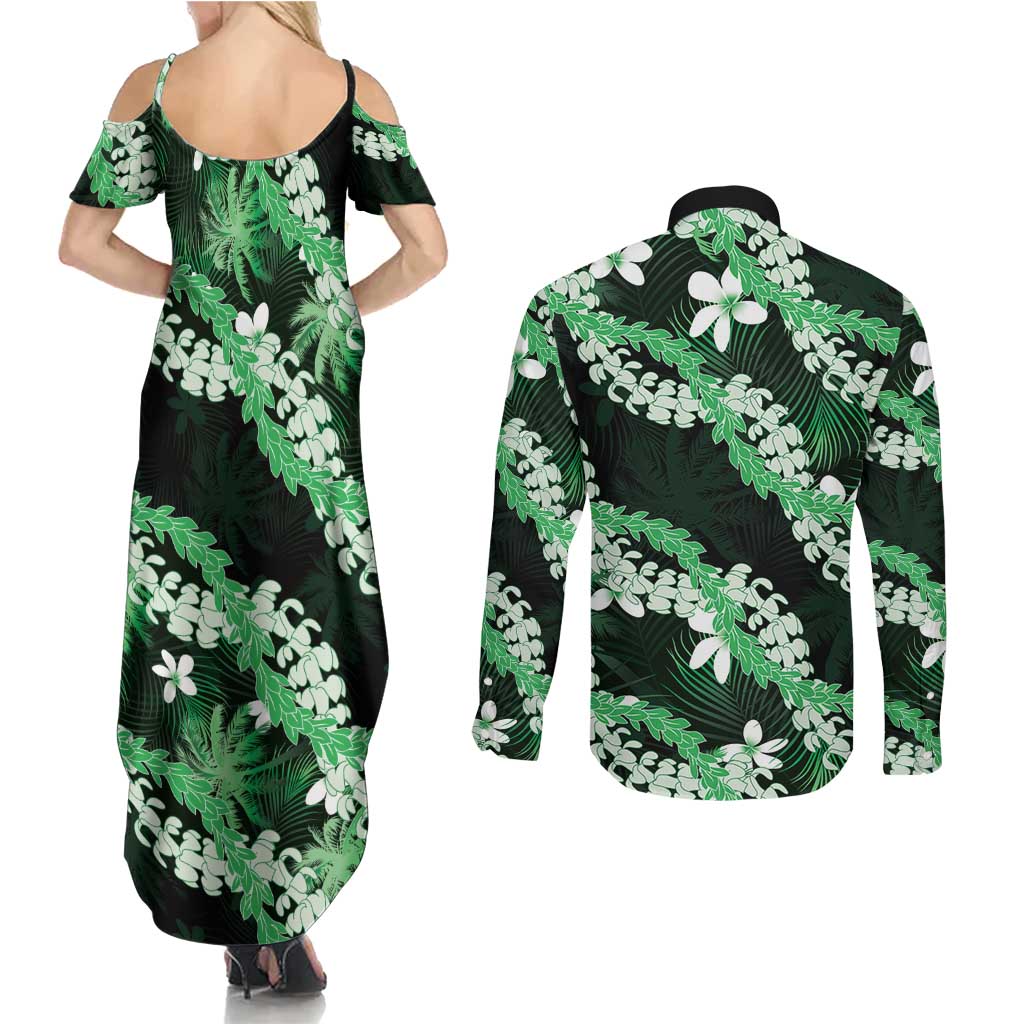 Puakenikeni Maile Lei Couples Matching Summer Maxi Dress and Long Sleeve Button Shirt Frangipani Green Tropical Leaves
