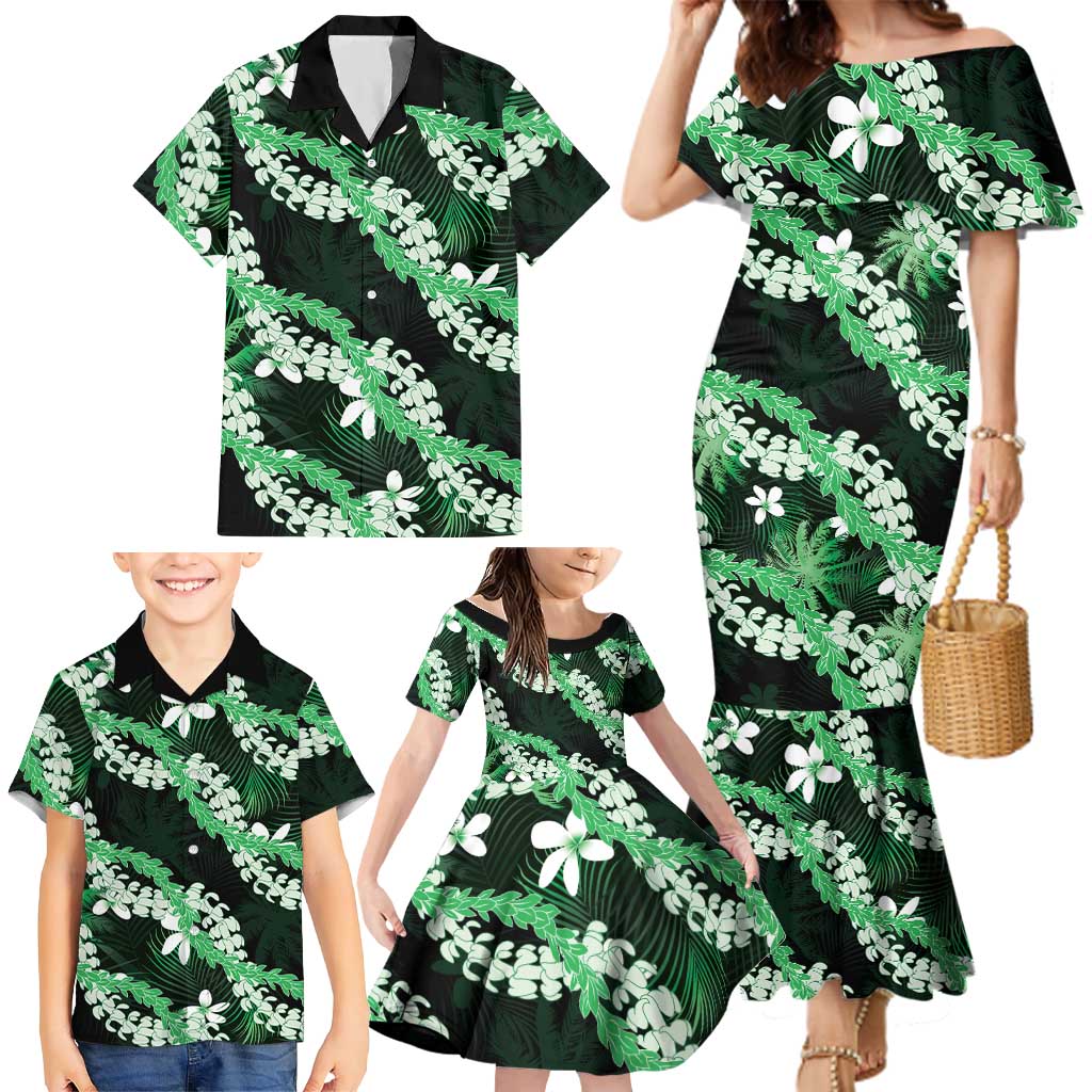 Puakenikeni Maile Lei Family Matching Mermaid Dress and Hawaiian Shirt Frangipani Green Tropical Leaves
