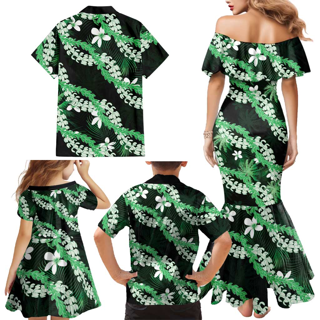Puakenikeni Maile Lei Family Matching Mermaid Dress and Hawaiian Shirt Frangipani Green Tropical Leaves