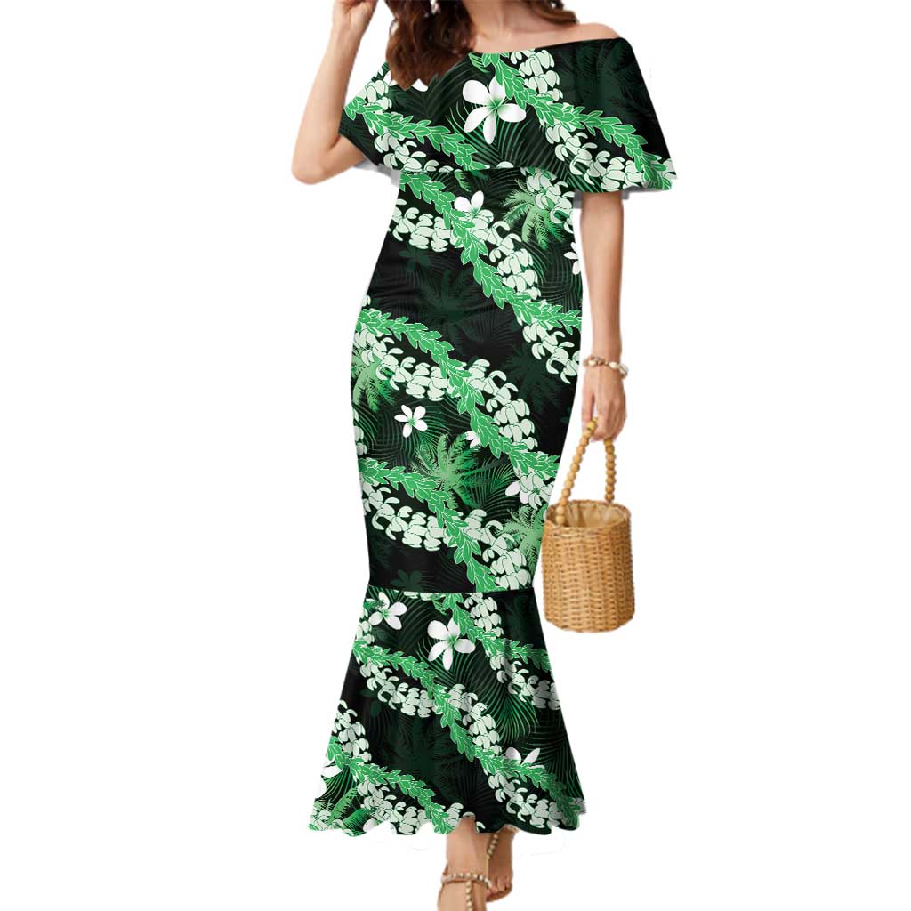 Puakenikeni Maile Lei Family Matching Mermaid Dress and Hawaiian Shirt Frangipani Green Tropical Leaves