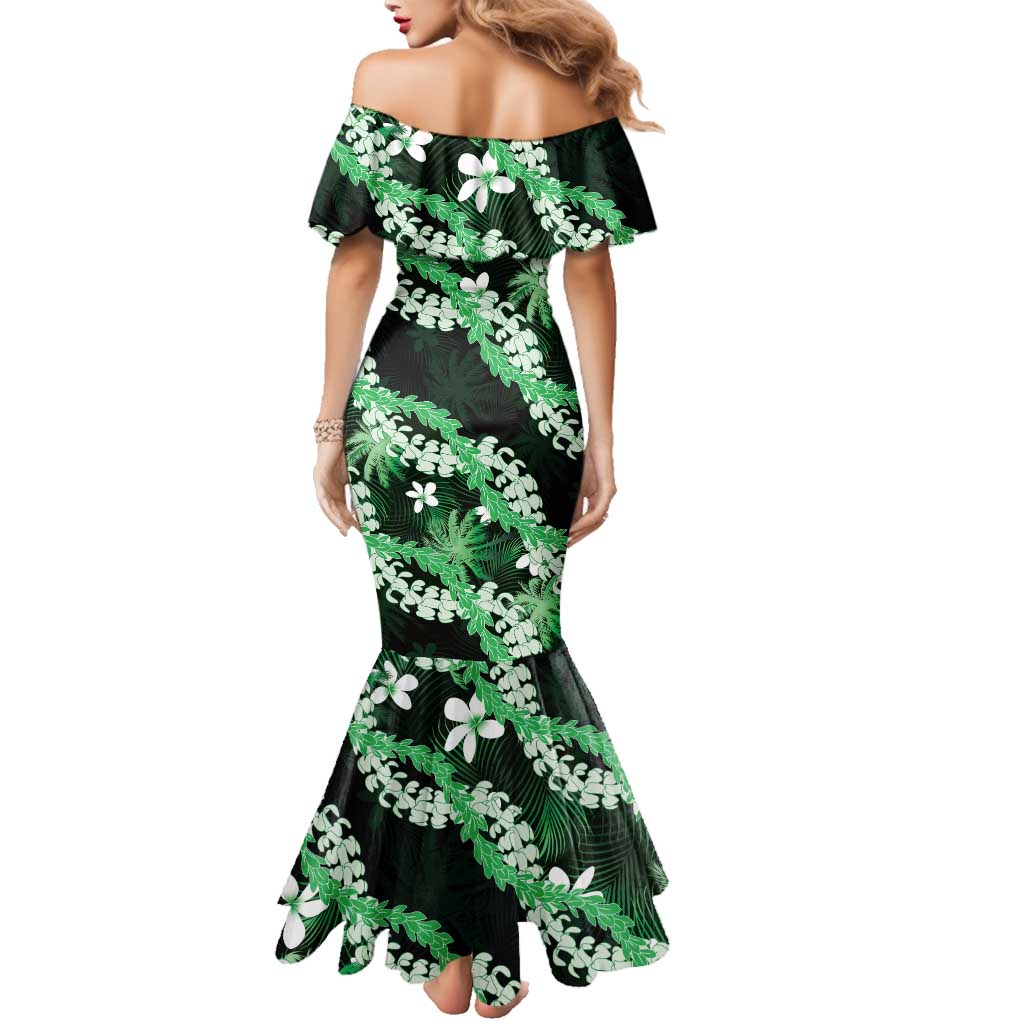 Puakenikeni Maile Lei Family Matching Mermaid Dress and Hawaiian Shirt Frangipani Green Tropical Leaves