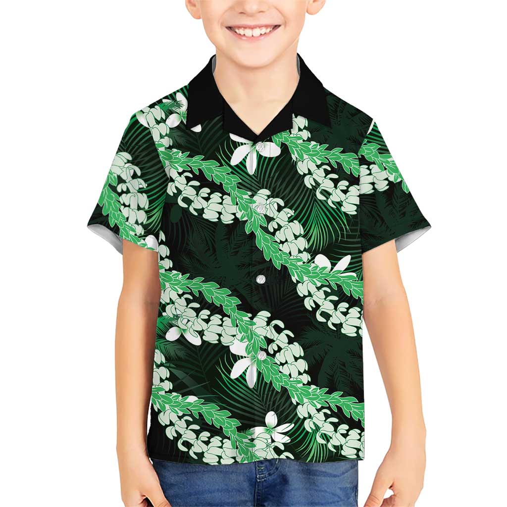 Puakenikeni Maile Lei Family Matching Mermaid Dress and Hawaiian Shirt Frangipani Green Tropical Leaves
